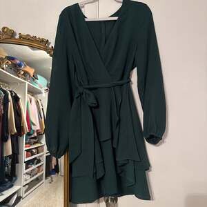 Womens Dress Deep V-neck Long Sleeve Waist Tie Ruffle Mini Swing Skater Dresses